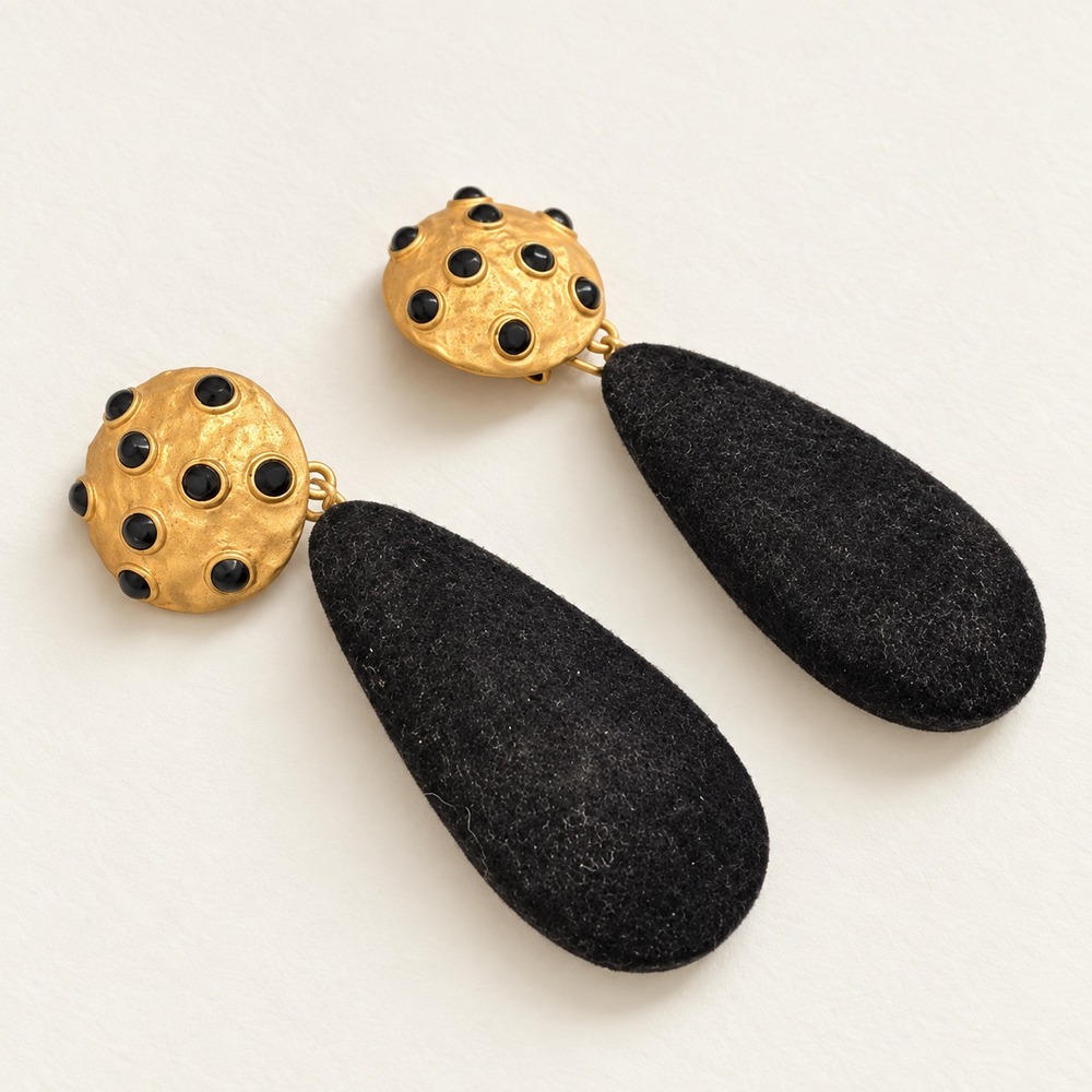 Black Fabric Teardrop Gold Tone Black Rhinestone Dangle Earrings Statement 3"